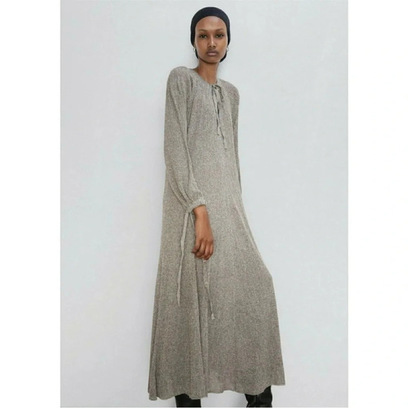 ZARA Dress with Metallic Thread silver long sleeve with slip size med NWT - Picture 3 of 15